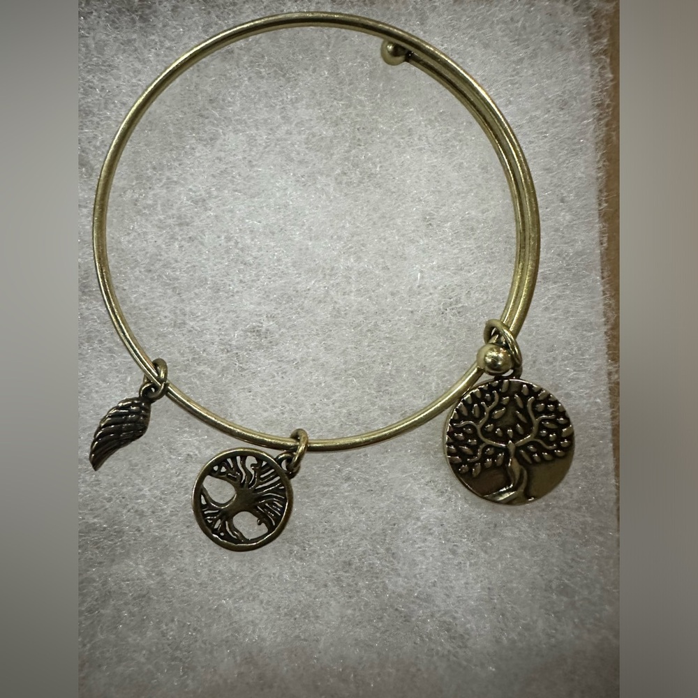 Gold town bracelet with three charms angel wing tree, then the Earth angel charm